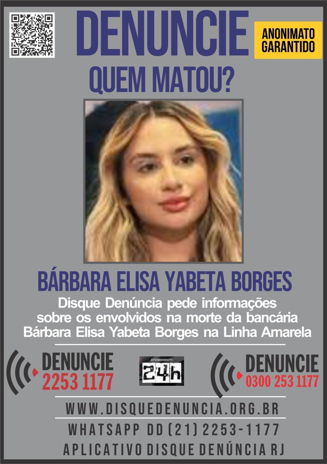 Disque Denúncia pede informações sobre os envolvidos na morte de jovem baleada na cabeça durante tiroteio na Linha Amarela • Reprodução