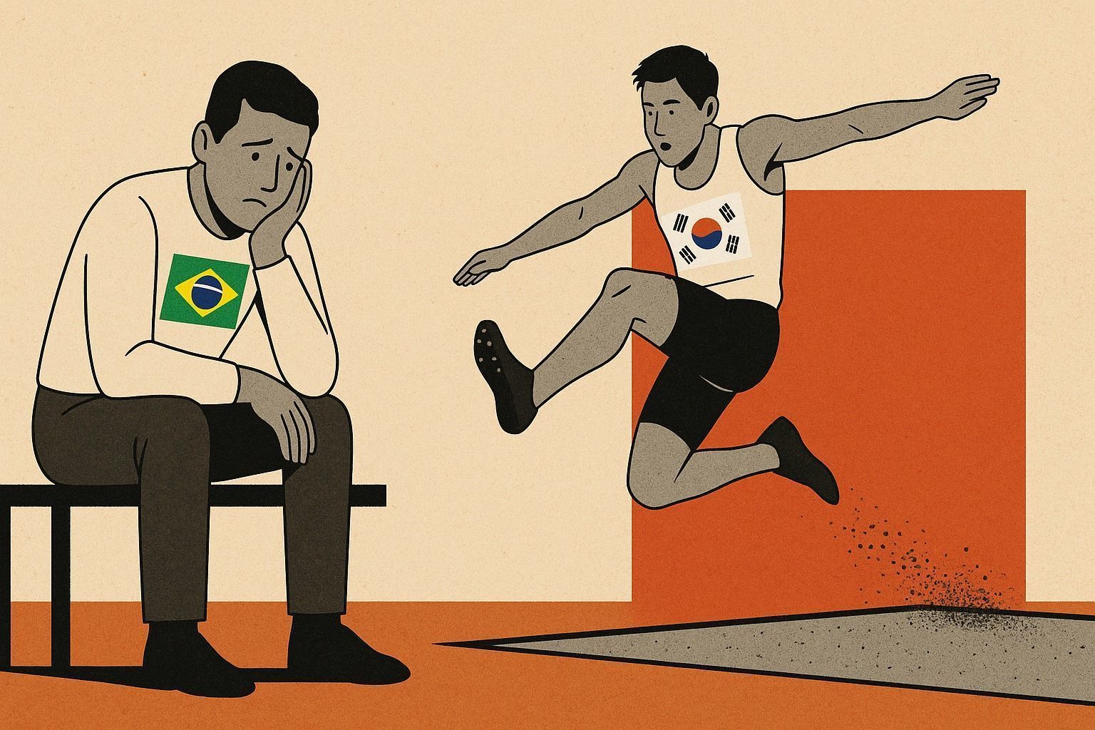 Ilustração de um homem vestindo uma camiseta regata com a bandeira da Coreia do Sul pulando e de braços abertos ao lado de um homem triste com uma camisa com a bandeira do Brasil