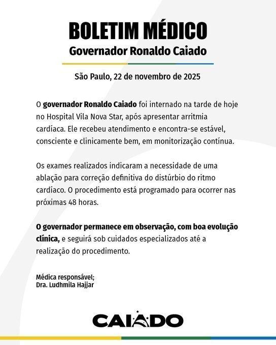Assessoria do governador de Goiás divulgou boletim médico na tarde deste sábado (22) • Reprodução