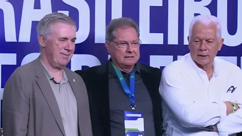 Evento na CBF reuniu treinadores, entre eles o da Seleção, Carlo Ancelotti • Reprodução