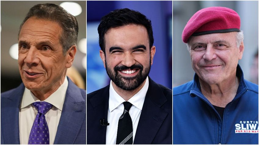 Andrew Cuomo, Zohran Mamdani Curtis Sliwa, candidatos à prefeitura de Nova York • Angelina Katsanis-Pool/Getty Images / Edward Berthelot/Getty Images / John Lamparski/Getty Images