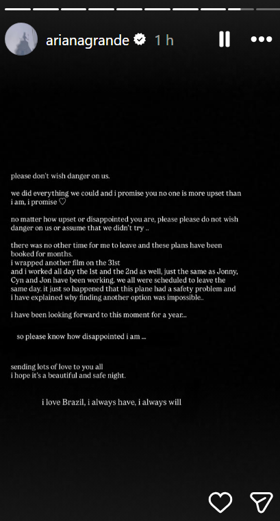 Ariana Grande pede que não seja atacada após cancelar vinda ao Brasil • Instagram/ Ariana Grande
