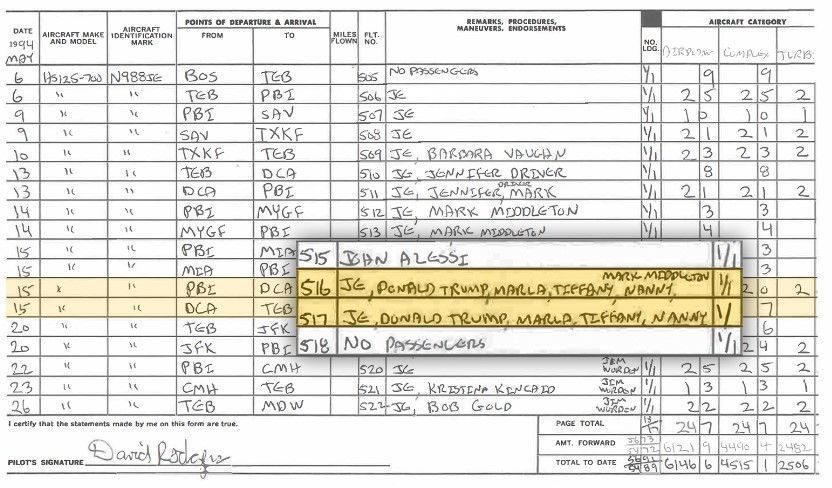 Registros de voo alegando que Trump andou no jato de Epstein em 1994 • Departamento de Justiça dos Estados Unidos