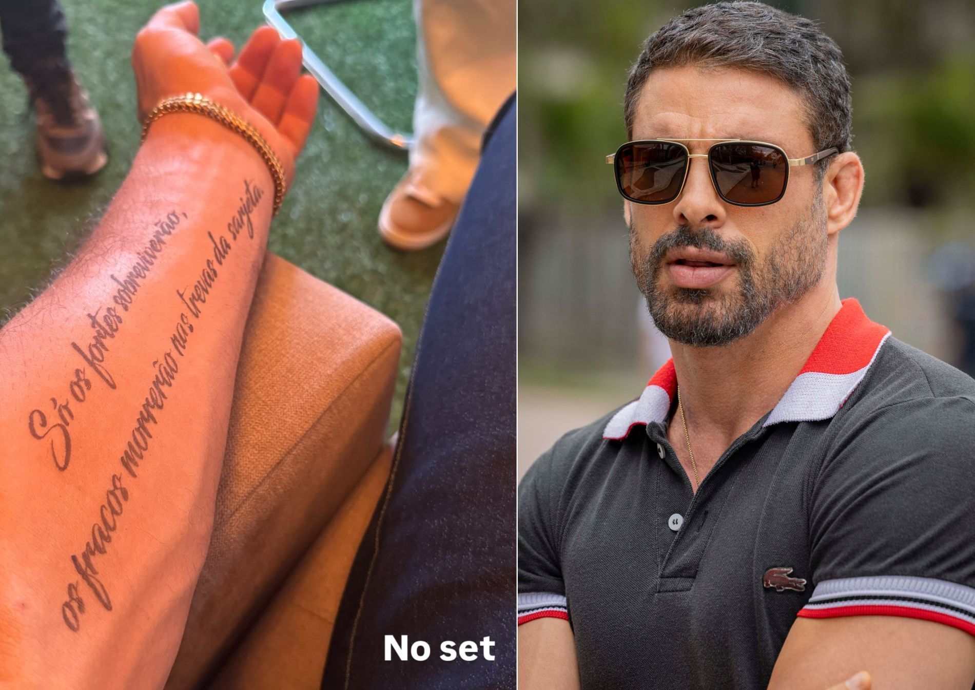 Cauã mostra tatuagem de personagem que interpreta na série "Jogada de Risco" • Reprodução/Instagram e Fábio Rocha/Globo