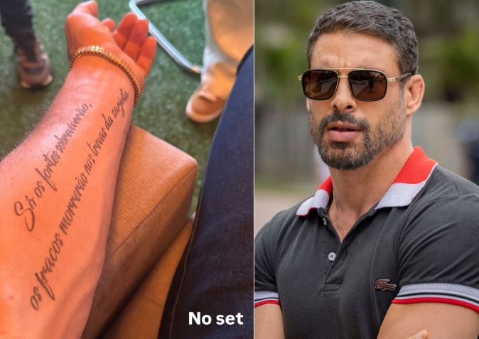 Cauã mostra tatuagem de personagem que interpreta na série "Jogada de Risco" • Reprodução/Instagram e Fábio Rocha/Globo