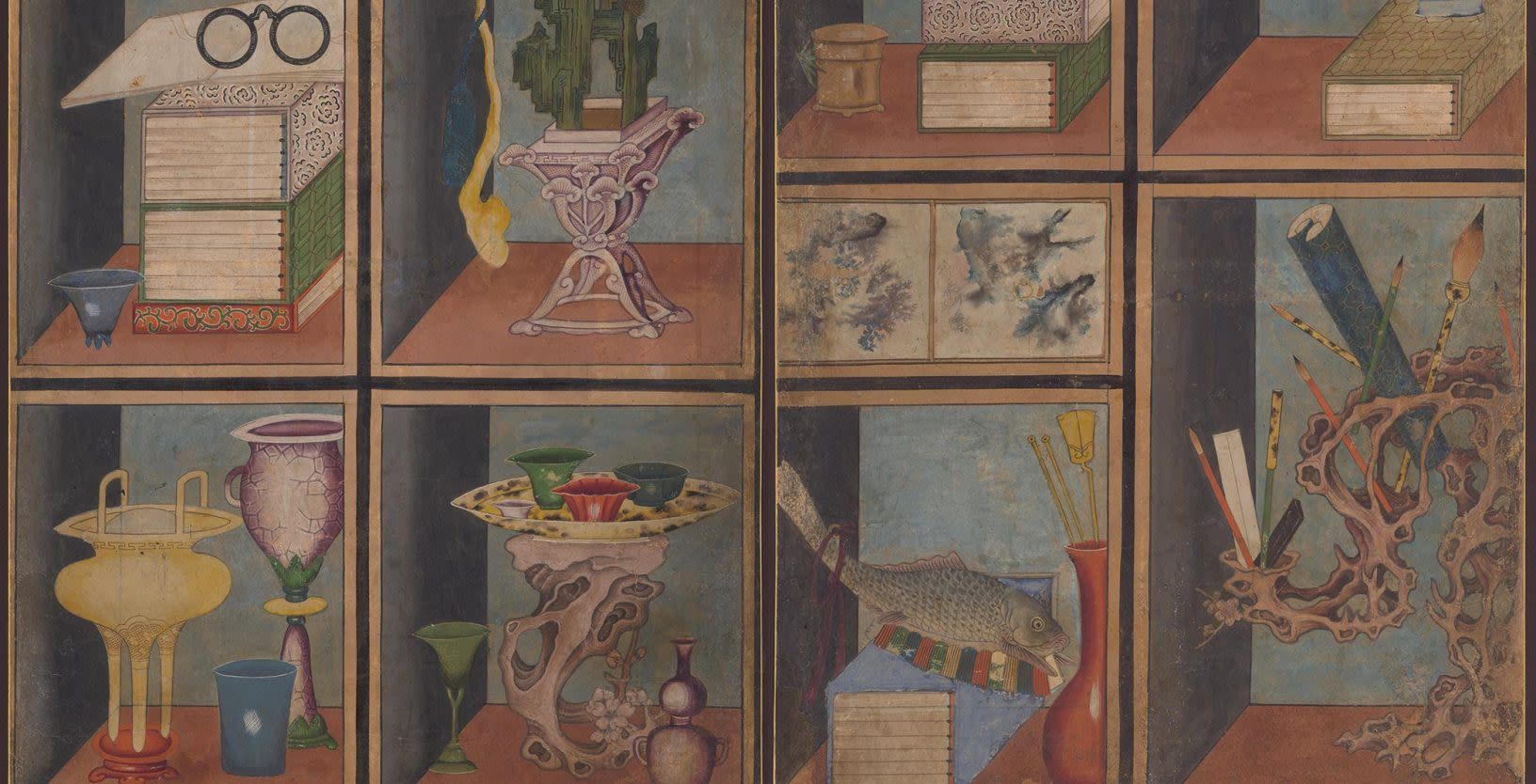tela dobrável do século XIX, "Chaekgado: Adereços de Estudiosos em uma Estante," uma das mais de 200 obras de arte coreanas em exposição no Museu Nacional de Arte Asiática em Washington