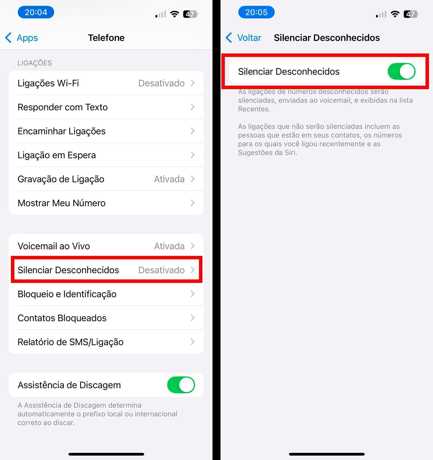 Você pode silenciar ligações de números que não estão salvos nos seus contatos. • Créditos: Reprodução/Apple