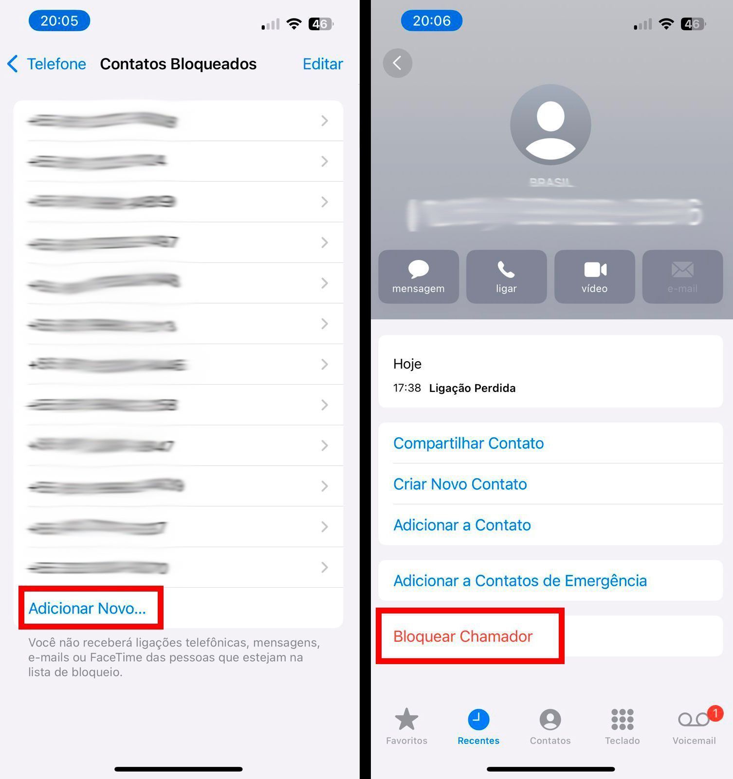 Você pode adicionar um novo contato à lista de bloqueados ou ir até o contato e clicar em "Bloquear chamador" • Reprodução/Apple