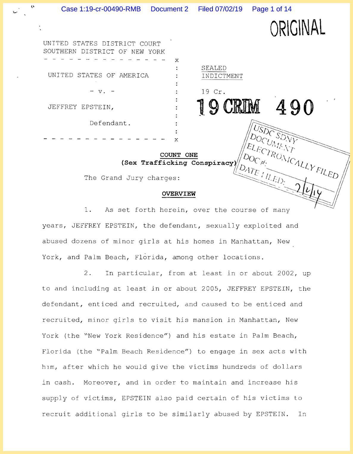 Acusação de Jeffrey Epstein por tráfico sexual de menores • Reprodução/CNN