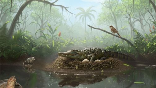 Reconstrução artística de uma fêmea de mekosuchine nidificando nos ambientes pantanosos do sítio fossilífero de Murgon