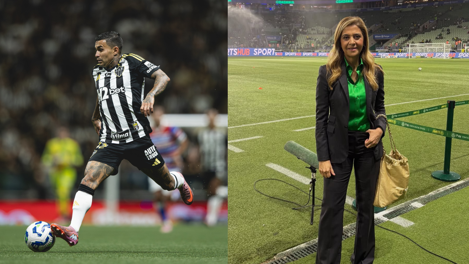 Dudu, jogador do Atlético-MG, e Leila Pereira, presidente do Palmeiras
