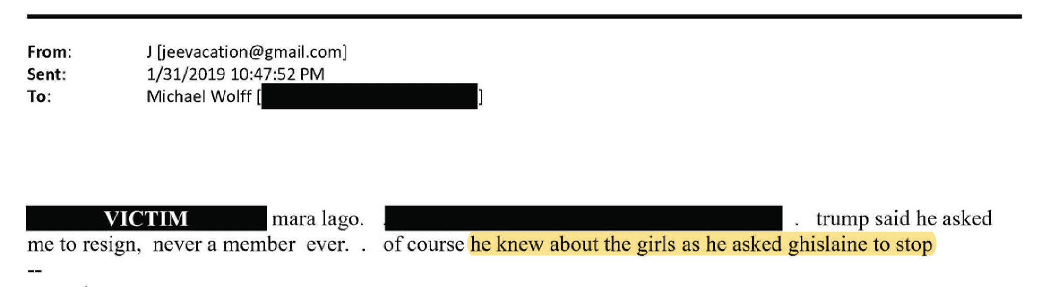 E-mail de Epstein afirmando que Trump "sabia sobre as garotas" • House Oversight Committee