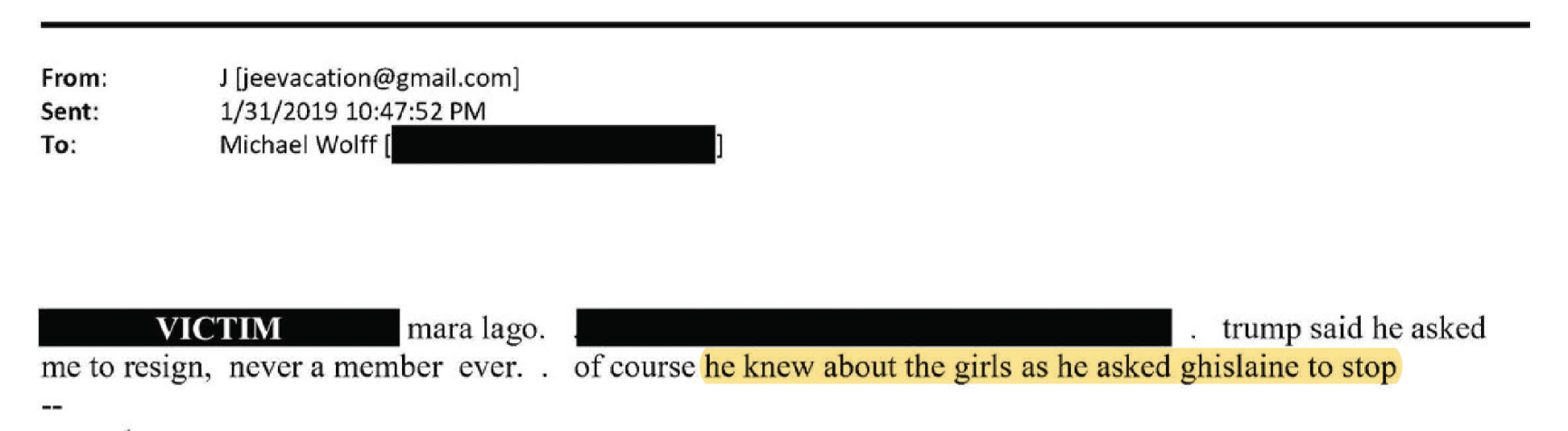 E-mail de Epstein afirmando que Trump "sabia sobre as garotas" • House Oversight Committee