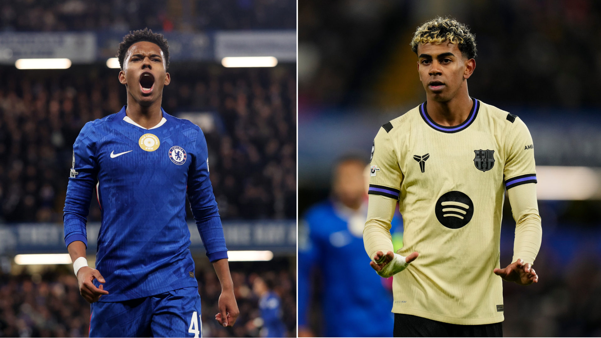 Estêvão e Yamal durante Chelsea x Barcelona pela Champions League