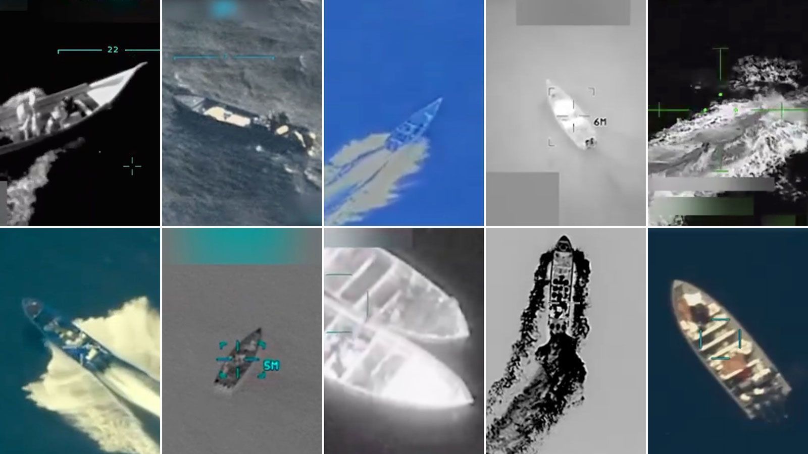 Sequência de imagens mostra 10 ataques realizados pelas Forças Armadas dos EUA contra embarcações supostamente envolvidas no transporte de drogas em águas internacionais, entre 2 de setembro e 29 de outubro.