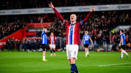 Erling Haaland comemorando um dos seus gols na goleada sobre a Estônia, em duelo válido pelas Eliminatórias à Copa do Mundo de 2026