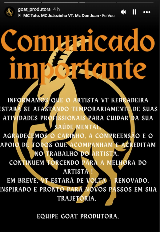 Pronunciamento da produtora de VT Kebradeira • Reprodução/Redes Sociais