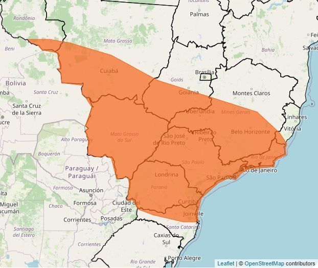 Alerta foi emitido para parte de Santa Catarina, Minas Gerais, Goiás, Mato Grosso e em todo o Mato Grosso do Sul, Paraná, São Paulo e Rio de Janeiro • Divulgação/Inmet
