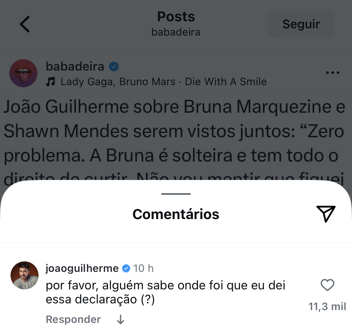 Comentário de João Guilherme em página de fofoca no Instagram • Reprodução