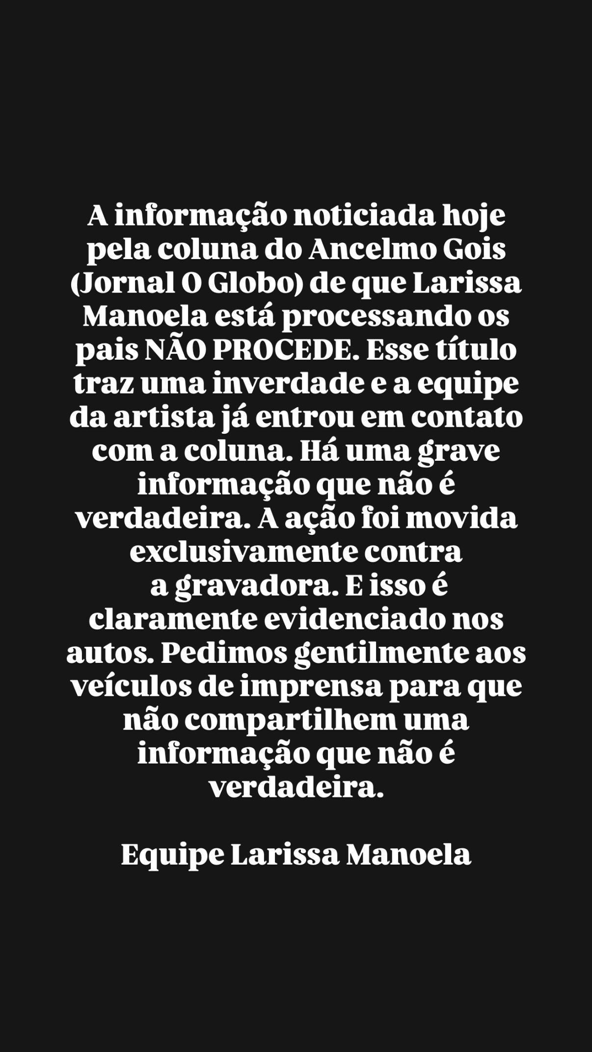 Equipe de Larissa Manoela nega que atriz tenha processado os pais • Instagram/Larissa Manoela