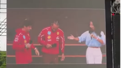 Lewis Hamilton e Charles Leclerc no palco da Fanzone, nesta sexta (7)