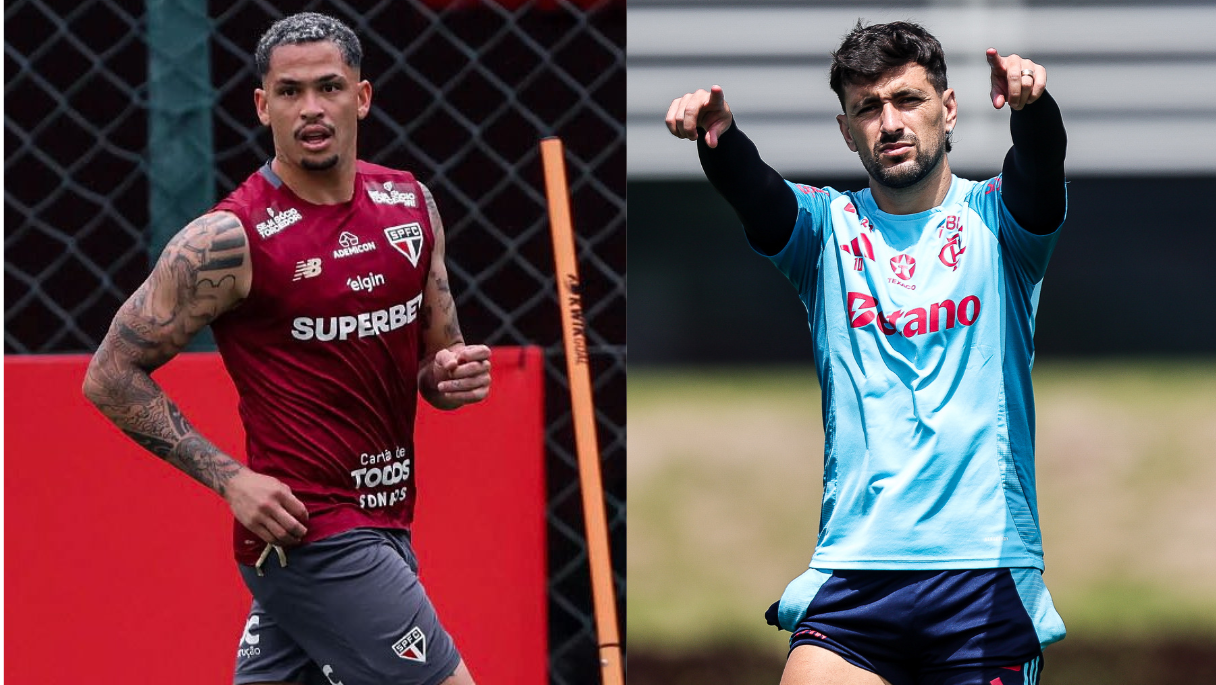Luciano e Arrascaeta em treinos de São Paulo e Flamengo