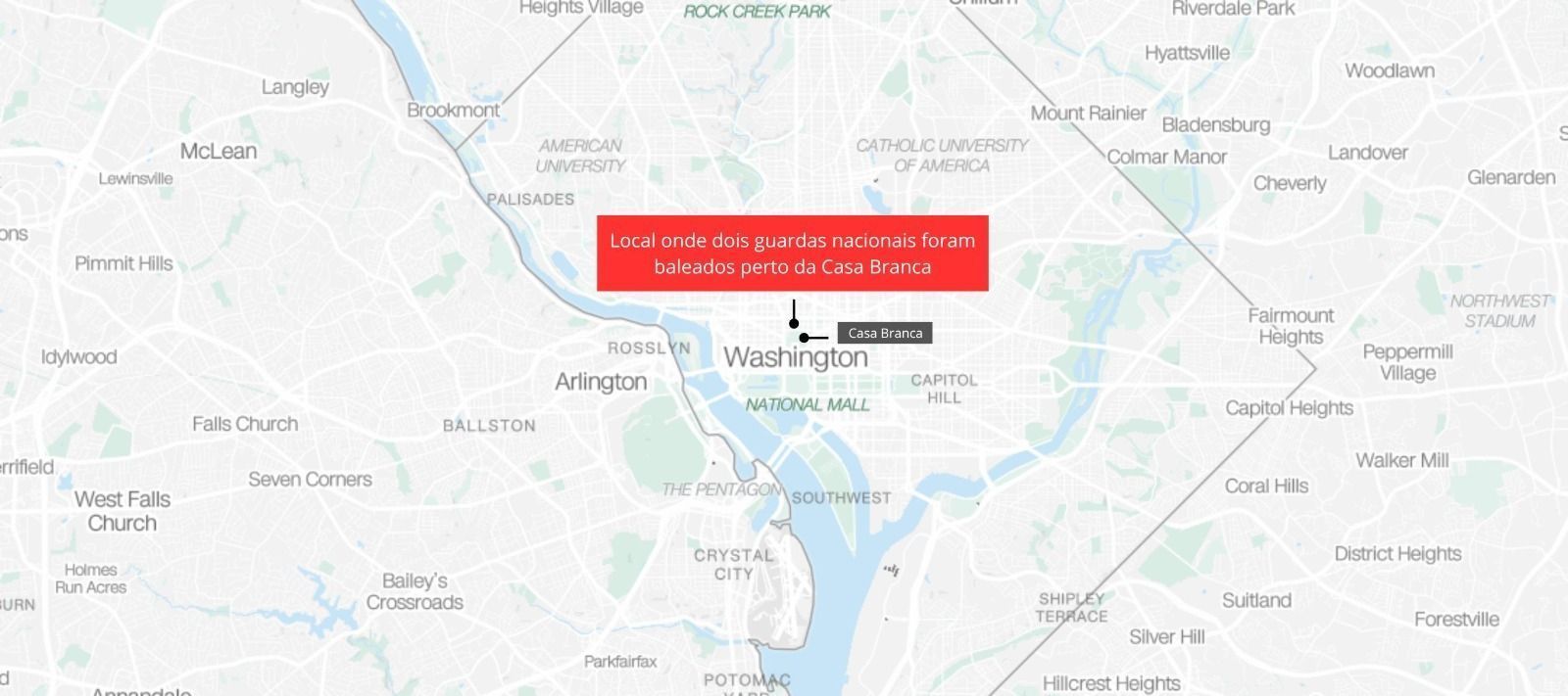 Local onde agentes da Guarda Nacional foram baleados e mortos perto da Casa Branca • Arte/CNN