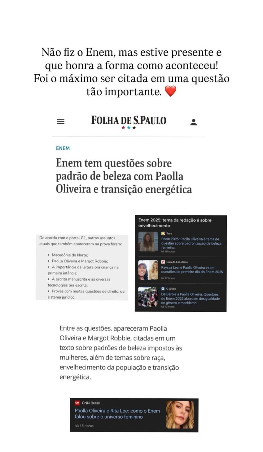 Paolla Oliveira repercute ter sido tema de questão do Enem 2025 • Reprodução/Instagram