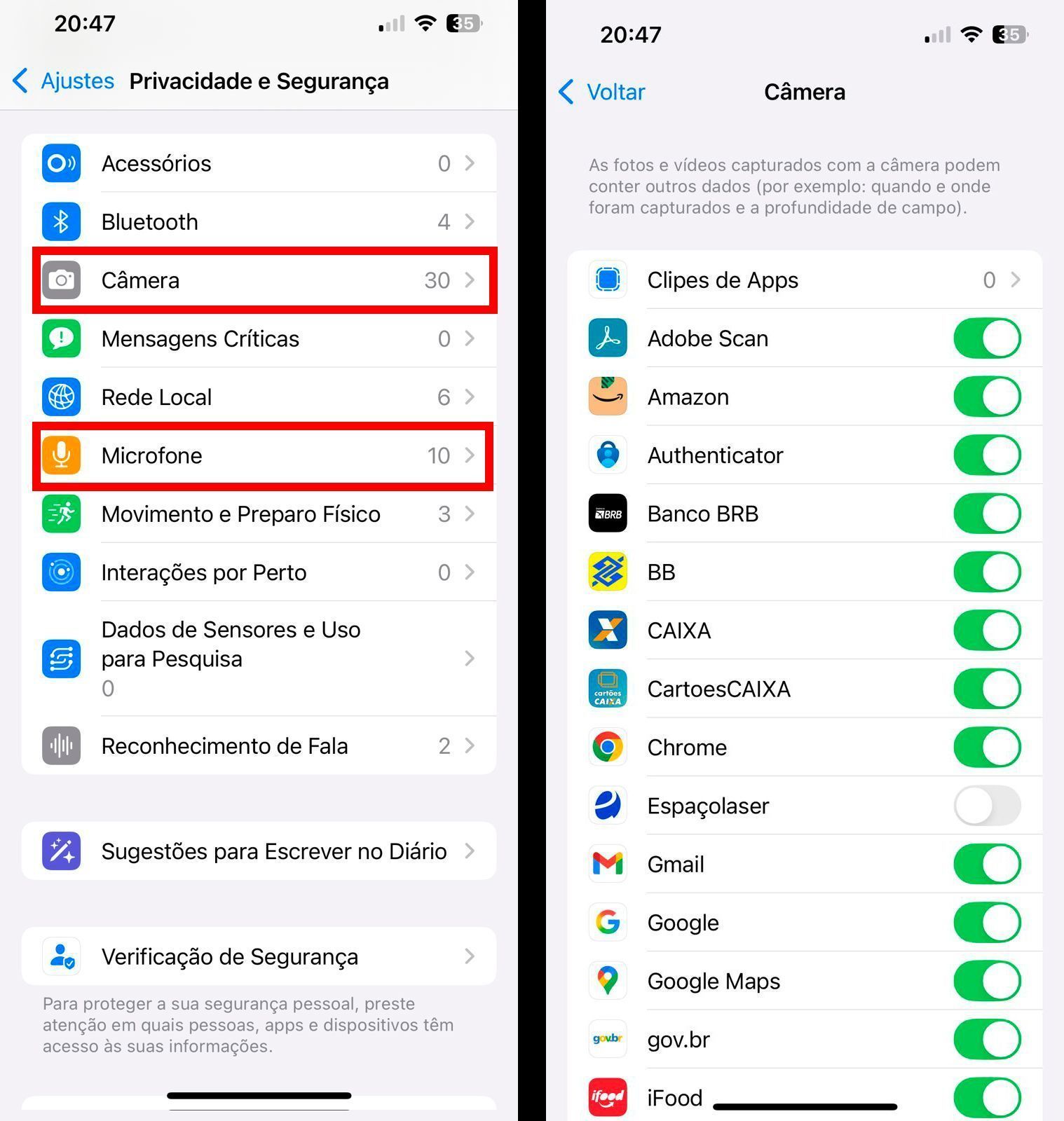 Vá até "Privacidade e Segurança", mas saiba que o ponto verde só deixará de aparecer nos apps desativados. • Créditos: Reprodução/Apple