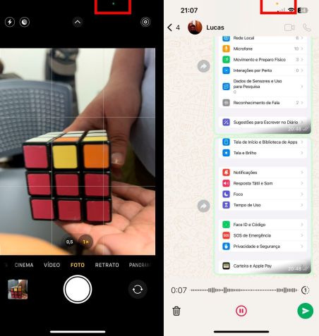 O destaque em vermelho apresenta como o ponto verde/laranja aparecem na tela do iPhone. • Créditos: Reprodução/Apple
