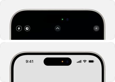 A-imagem-mostra-a-parte-superior-da-tela-do-iphone-com-destaque-no-ponto-verde-e-ponto-laranja-indicios-de-uso-da-camera-e-do-microfone