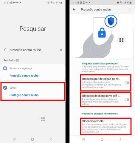 Em "Proteção contra Roubo", os usuários do Android podem ativar três opções para proteger seus dados • Reprodução/Android