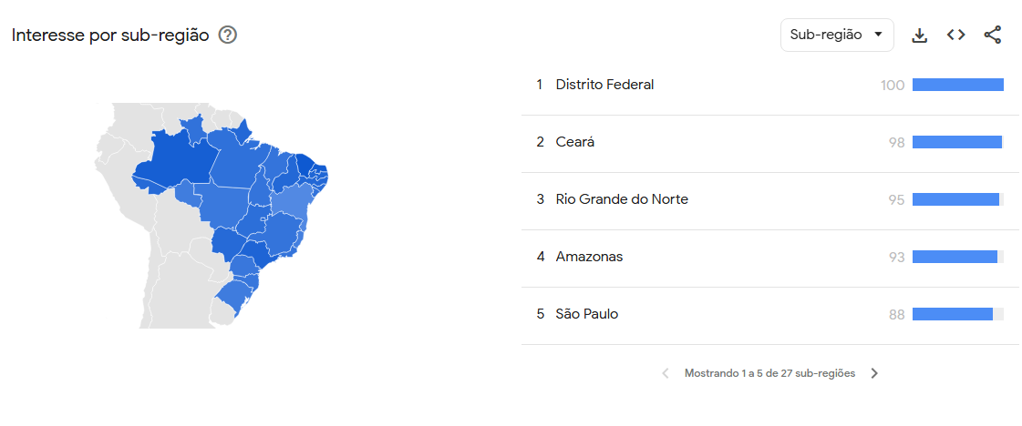 Gráfico mostra o interesse por "Teste de Rorschach" por sub-região • Google Trends/Reprodução