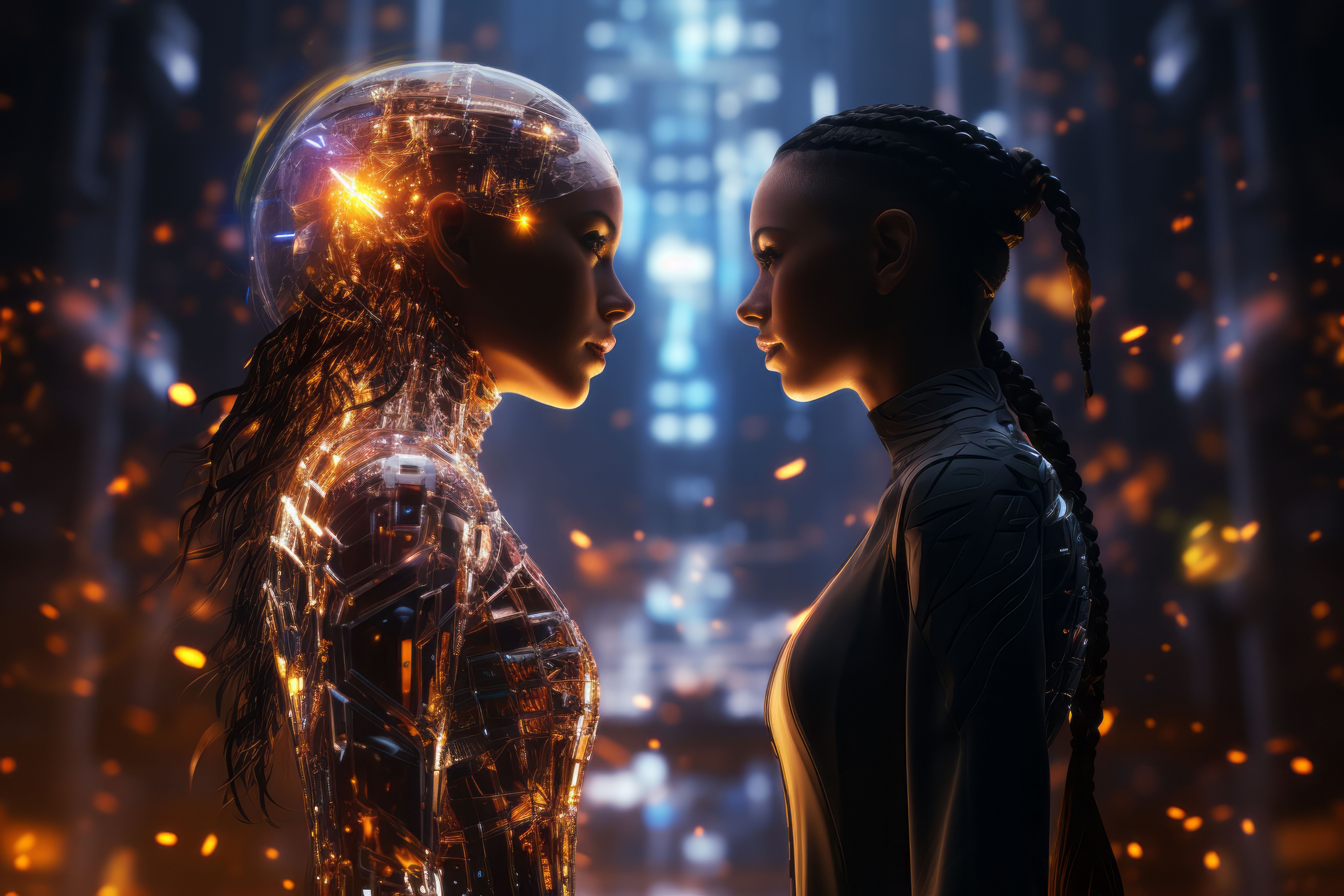 Um par de avatares pós-humanistas, um deles irradiando um brilho holográfico.