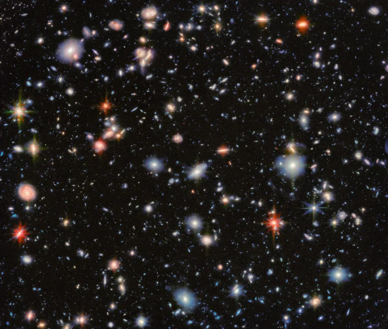 Imagem detalhada do Telescópio Espacial James Webb revela milhares de galáxias distantes, algumas datando dos primórdios da história cósmica • ESA/Webb/Nasa/CSA