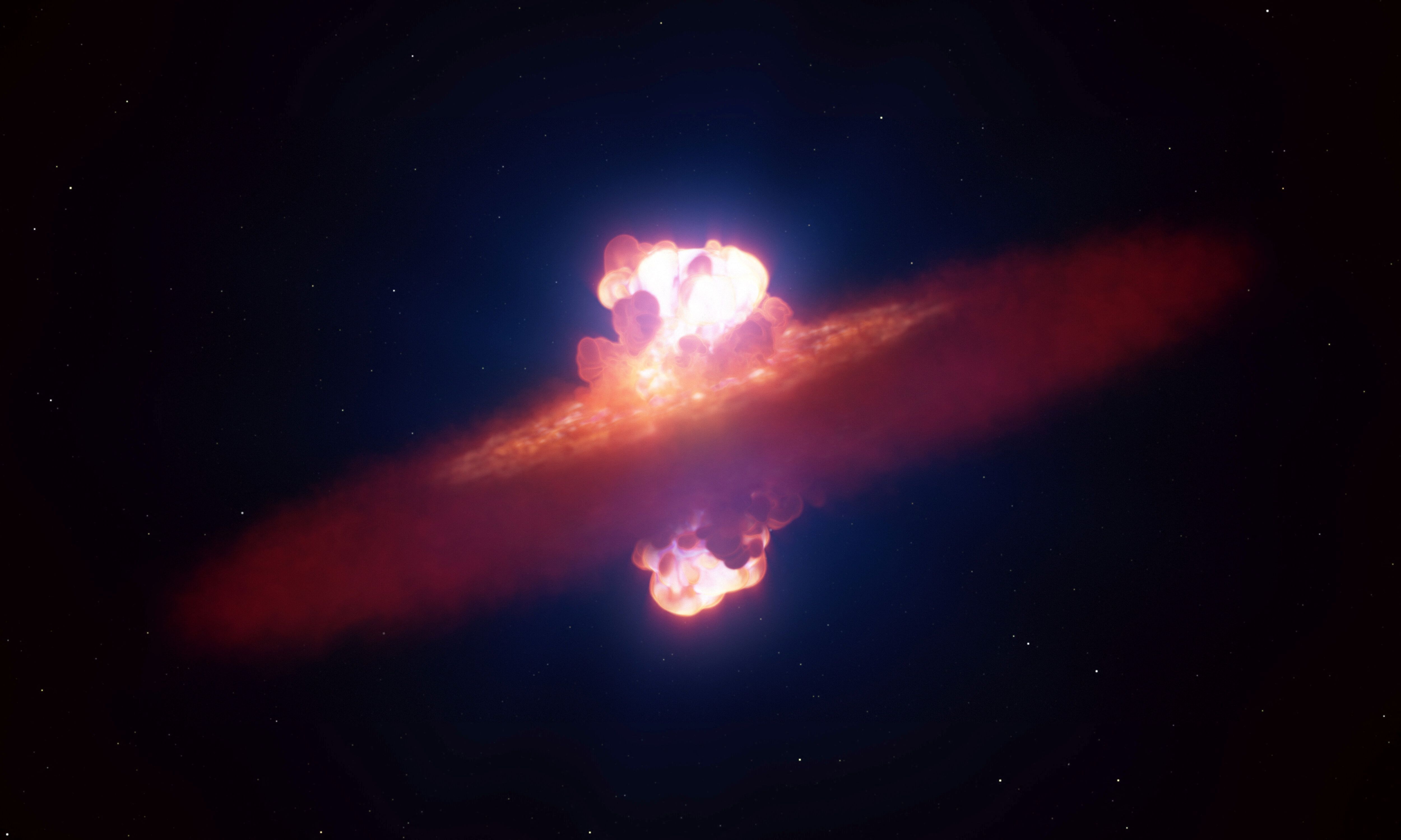 Ilustração artística de estrela explodindo no final de seu ciclo de vida, fenômeno chamado supernova