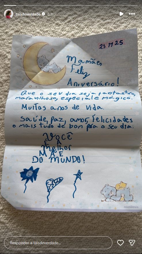 Taís Araujo mostra cartinha que a filha mais nova escreveu em seu aniversário • Instagram/ Taís Araujo