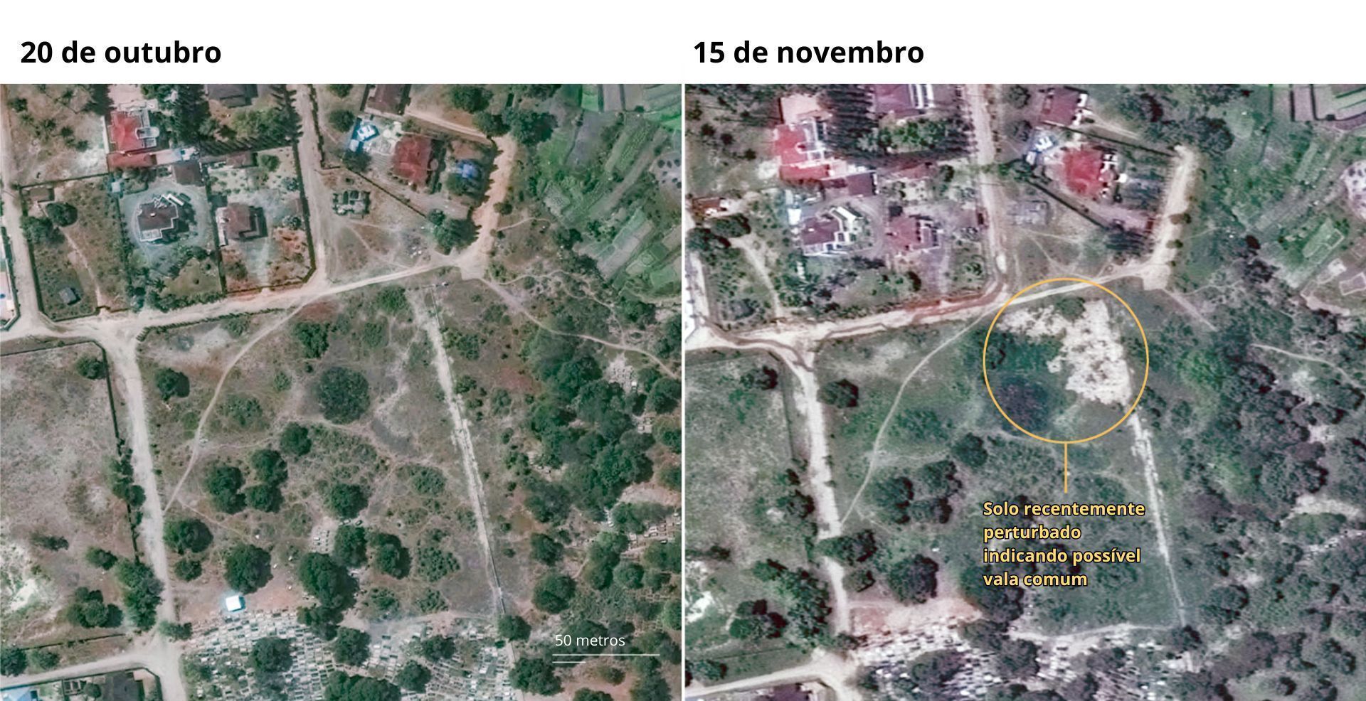 Imagens de satélite mostram solo perturbado no cemitério de Kondo, ao norte de Dar es Salaam. Uma fonte disse à CNN que os meninos locais foram pagos para cavar e enterrar os corpos dos manifestantes em valas comuns aqui. • CNN