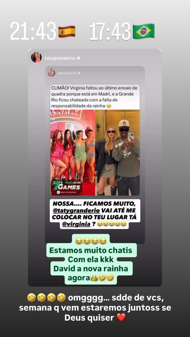 Virginia se pronuncia sobre ter faltado em ensaio da Grande Rio • Instagram/Virginia