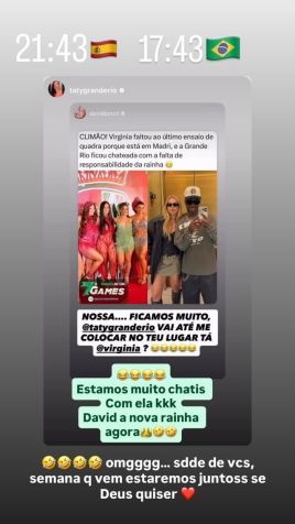 Virginia se pronuncia sobre ter faltado em ensaio da Grande Rio • Instagram/Virginia