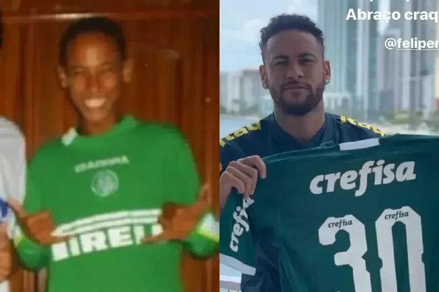 Neymar com a camisa do Palmeiras quando criança e já adulto, com presente de Felipe Melo