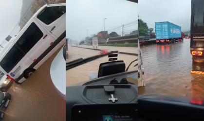 Vídeo: Motoristas ficam presos após alagamento em rodovia no litoral de SP