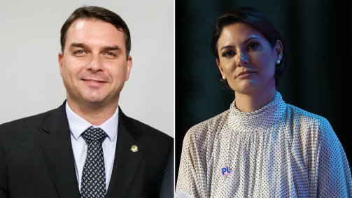 O senador Flávio Bolsonaro (PL-RJ) e a ex-primeira-dama Michelle Bolsonaro (PL)