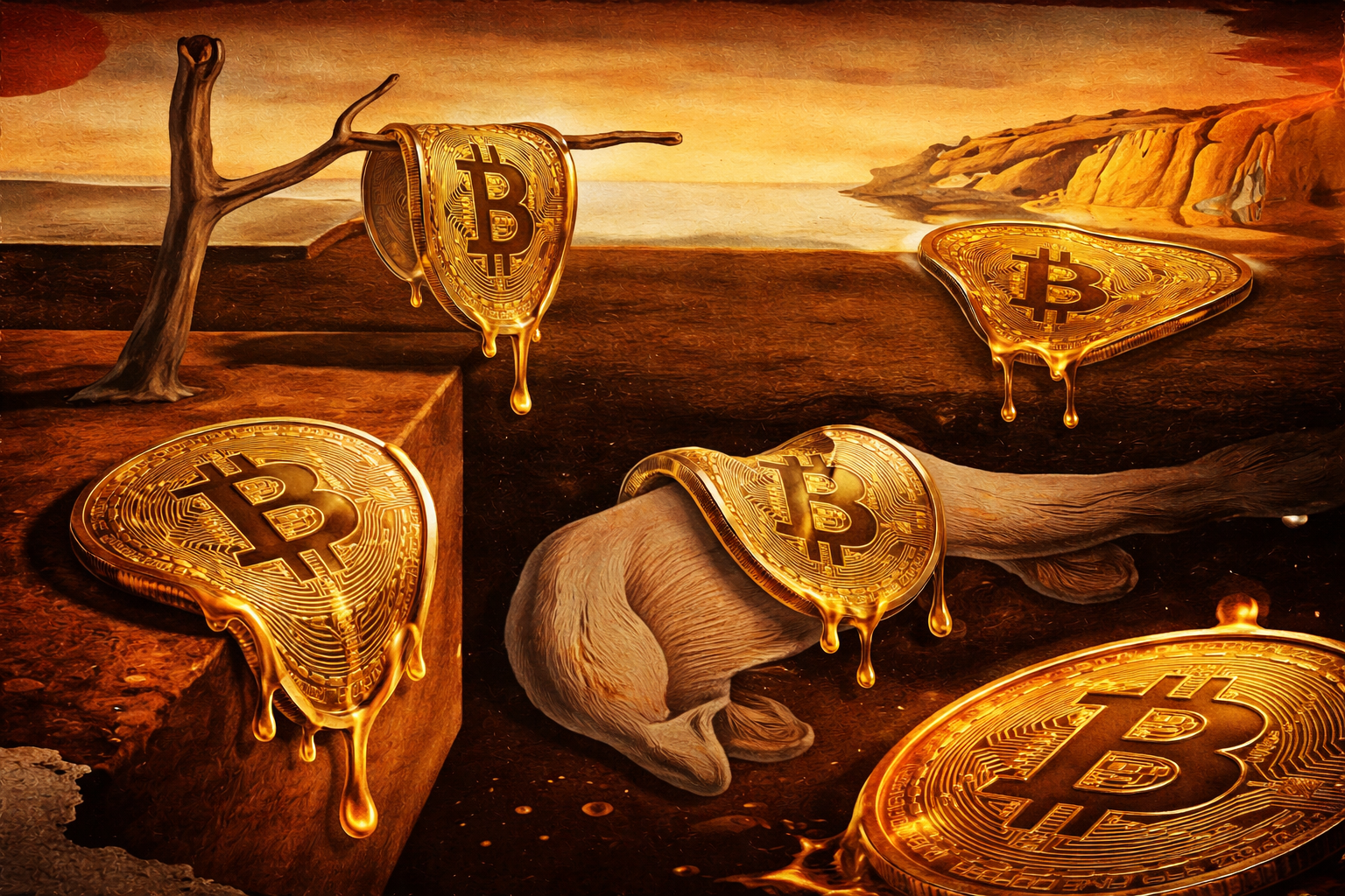 Ilustração de bitcoins derretendo, inspirado em quadro de Salvador Dali