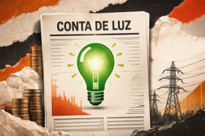 Ilustração de uma conta de luz com uma lâmpada verde no meio. Ao fundo, moedas, um gráfico de seta e fios de energia