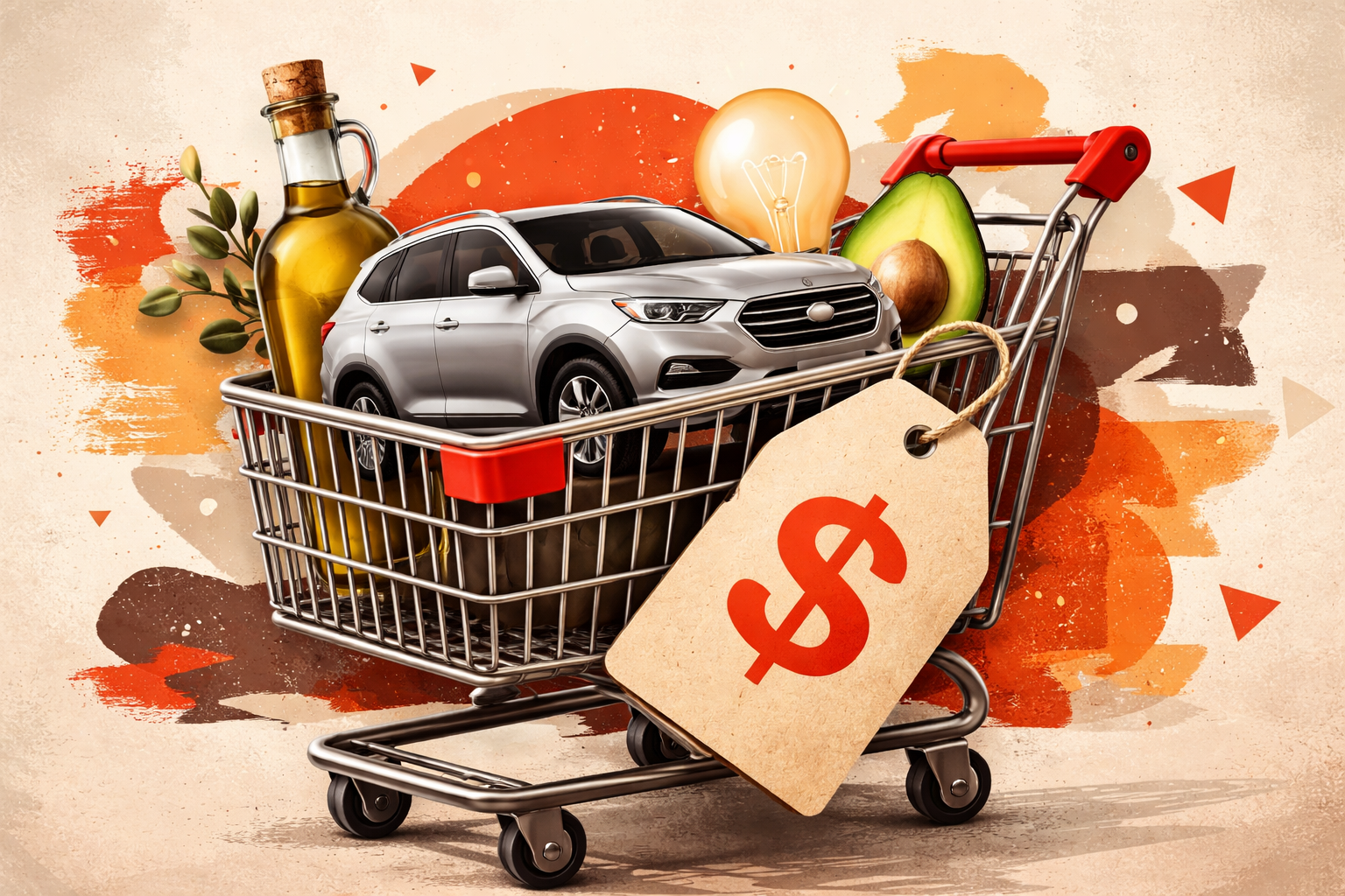 Ilustração de um carrinho de supermercado com uma tag de preço; dentro dele uma garrafa de azeite, um carro, uma lâmpada e um abacate