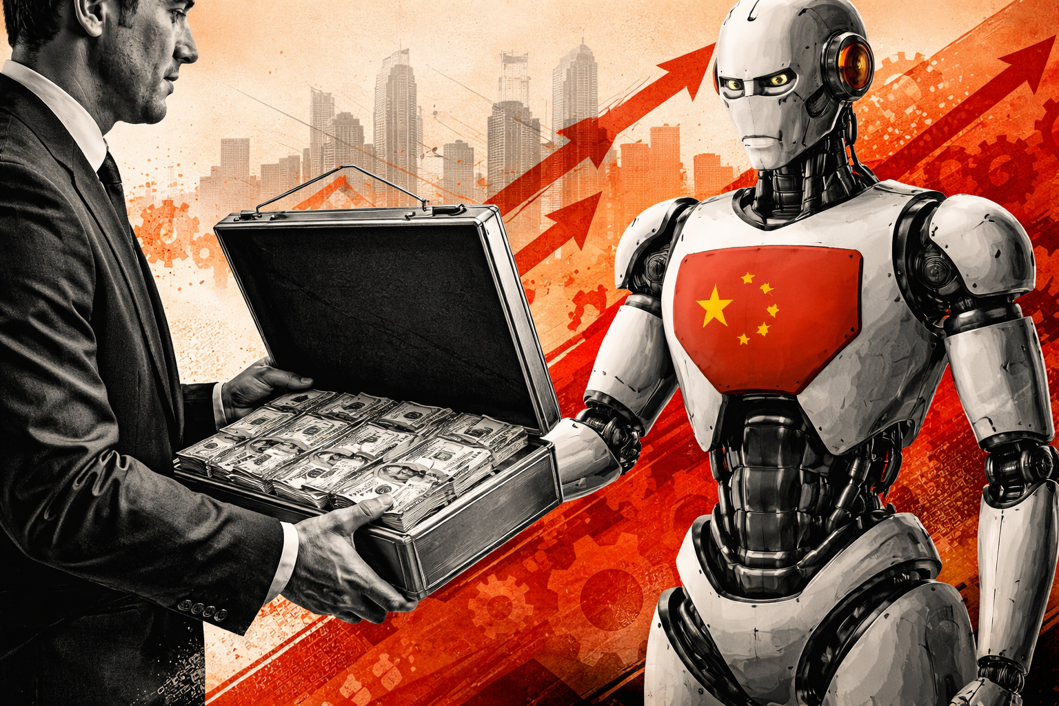 Ilustração de um homem entregando uma maleta com dinheiro para um robô com a bandeira da China