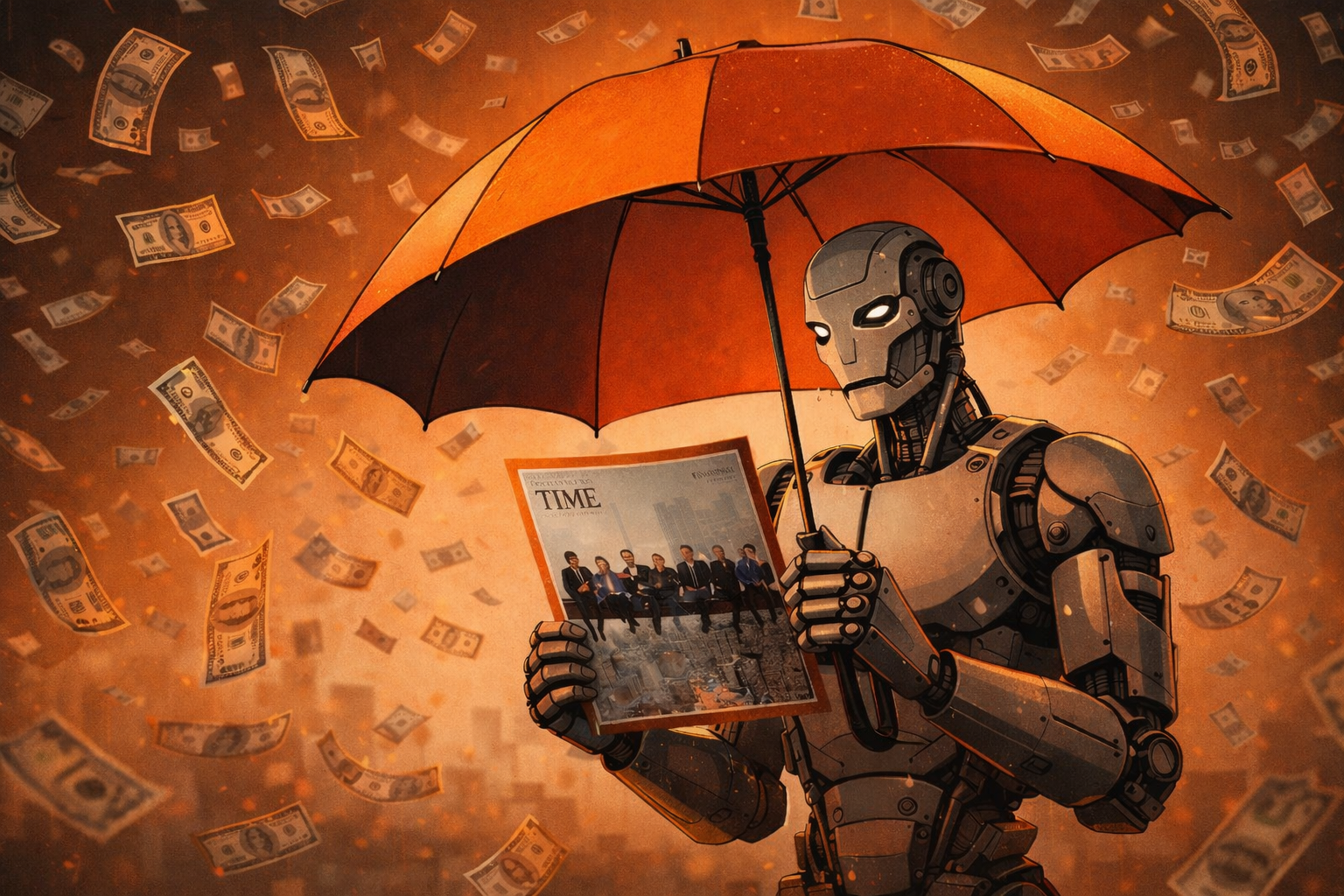 Ilustração de um robô com um guarda-chuva sob uma chuva de dólares, enquanto segura a revista Time com a capa das pessoas do ano