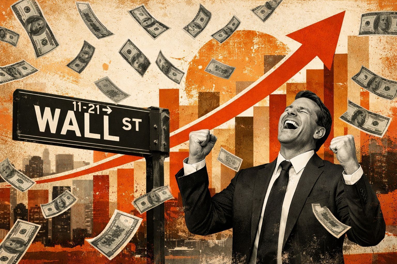 Investidor de Wall Street comemora em meio à notas de dólares