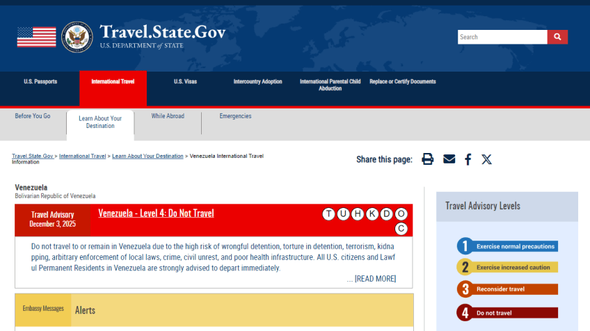 Departamento de Estado dos EUA reforça alerta contra viagens para a Venezuela • Reprodução: Departamento de Estado dos EUA